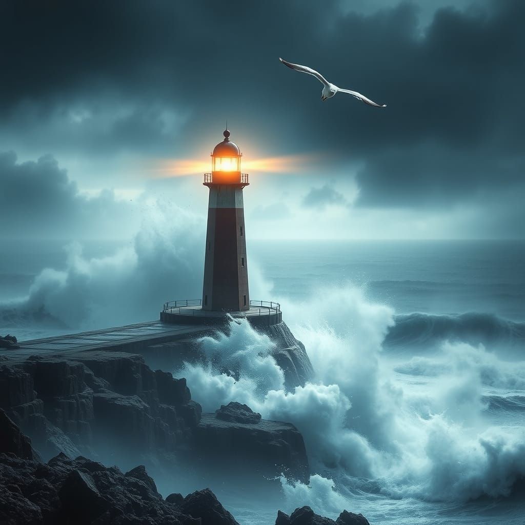 Lighthouse Against Stormy Sea in Cinematic Style