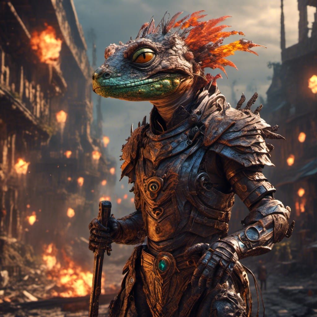 Dystopian Future: Anthropomorphic Lizards in Tribal Attire