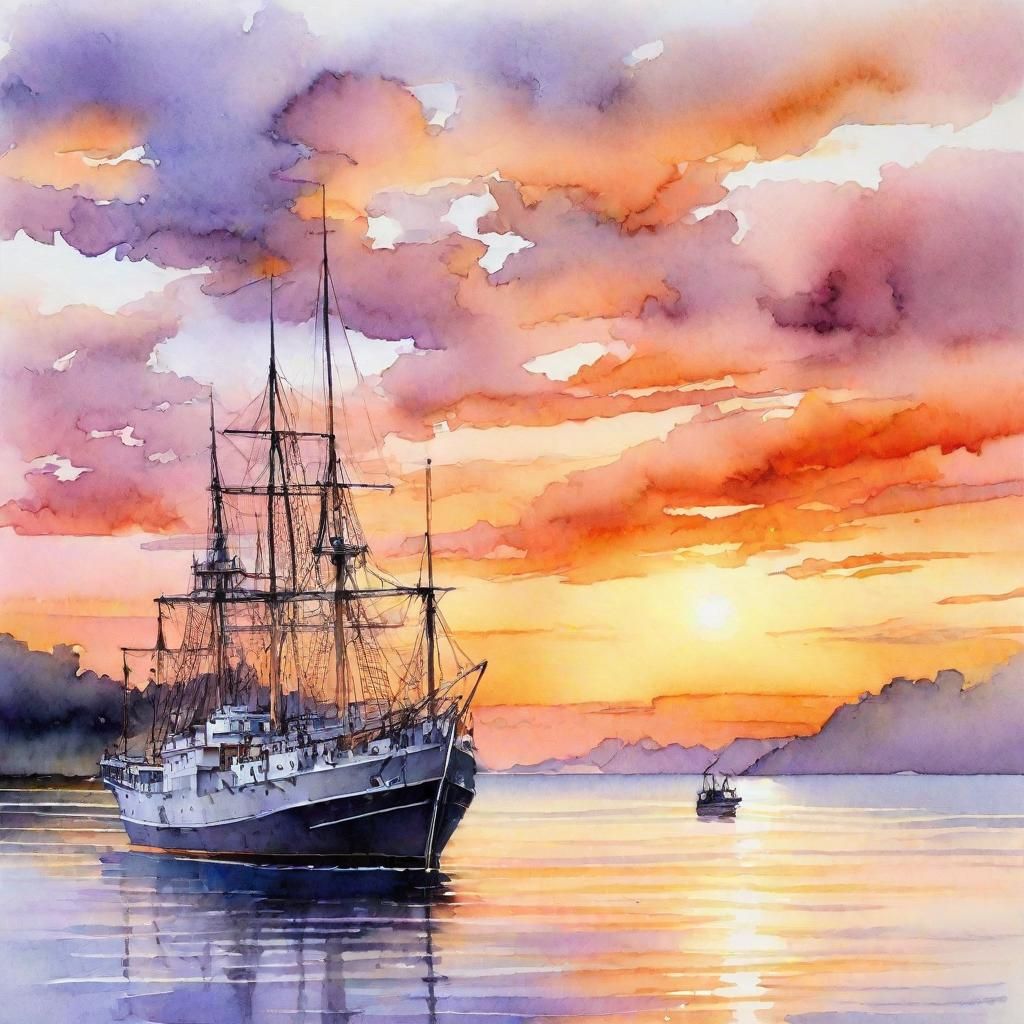 Warship at Golden Hour, Serene Bay Watercolor