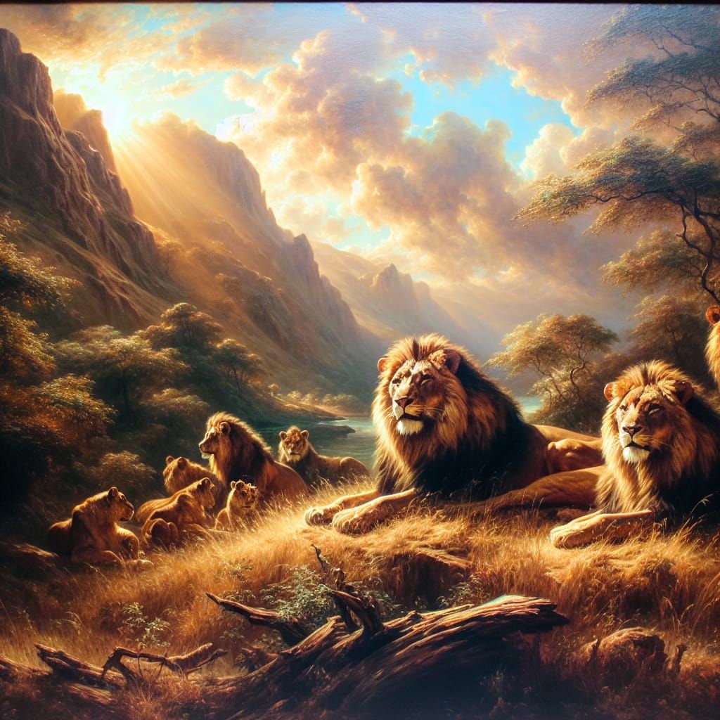 Majestic Lions in Golden Light, Oil Painting Style
