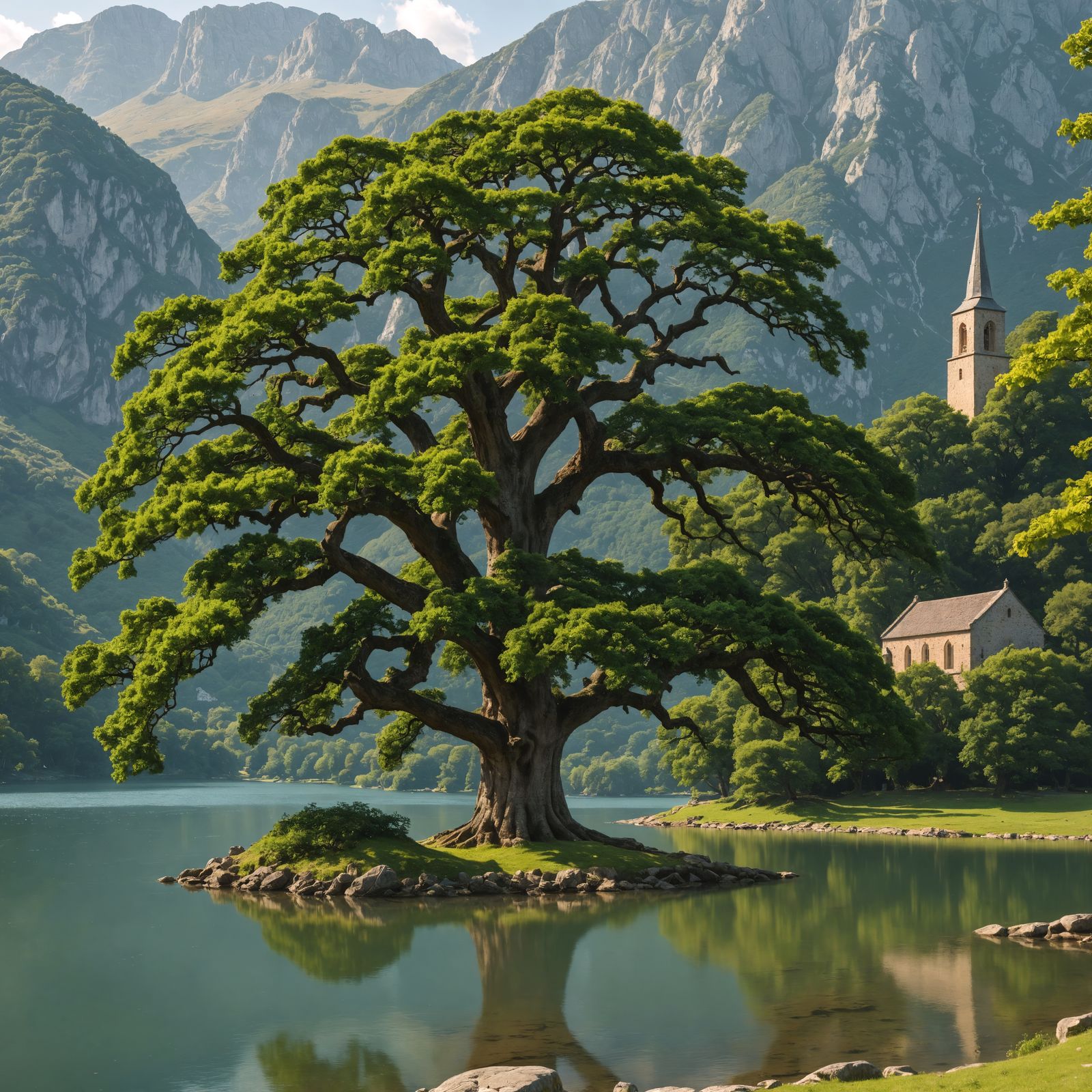 Ancient Oak Tree by Lake with Stone Church