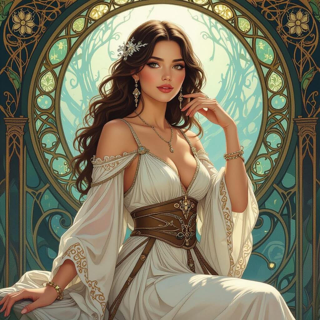 Elegant Woman in Mystical Setting, Art Nouveau Style