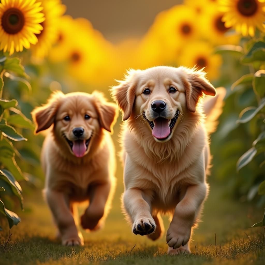 Golden Retrievers in Sunlit Sunflower Garden