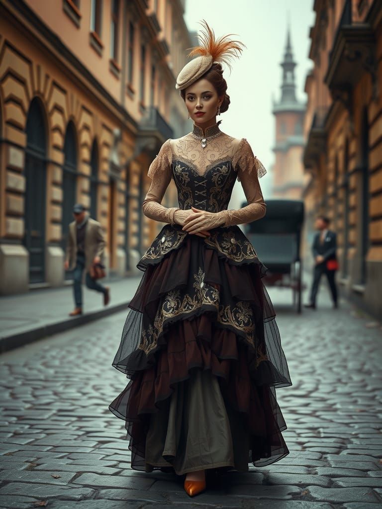 Elegant Lady Strolls Along Cobblestone Street in Vintage Gow...