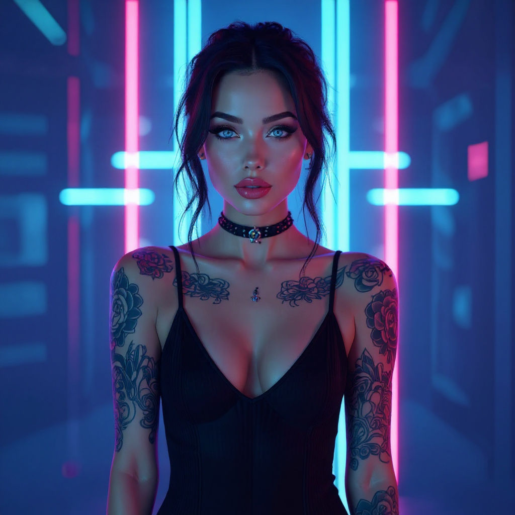 Beautiful Woman with Tattoos in Synthwave Style