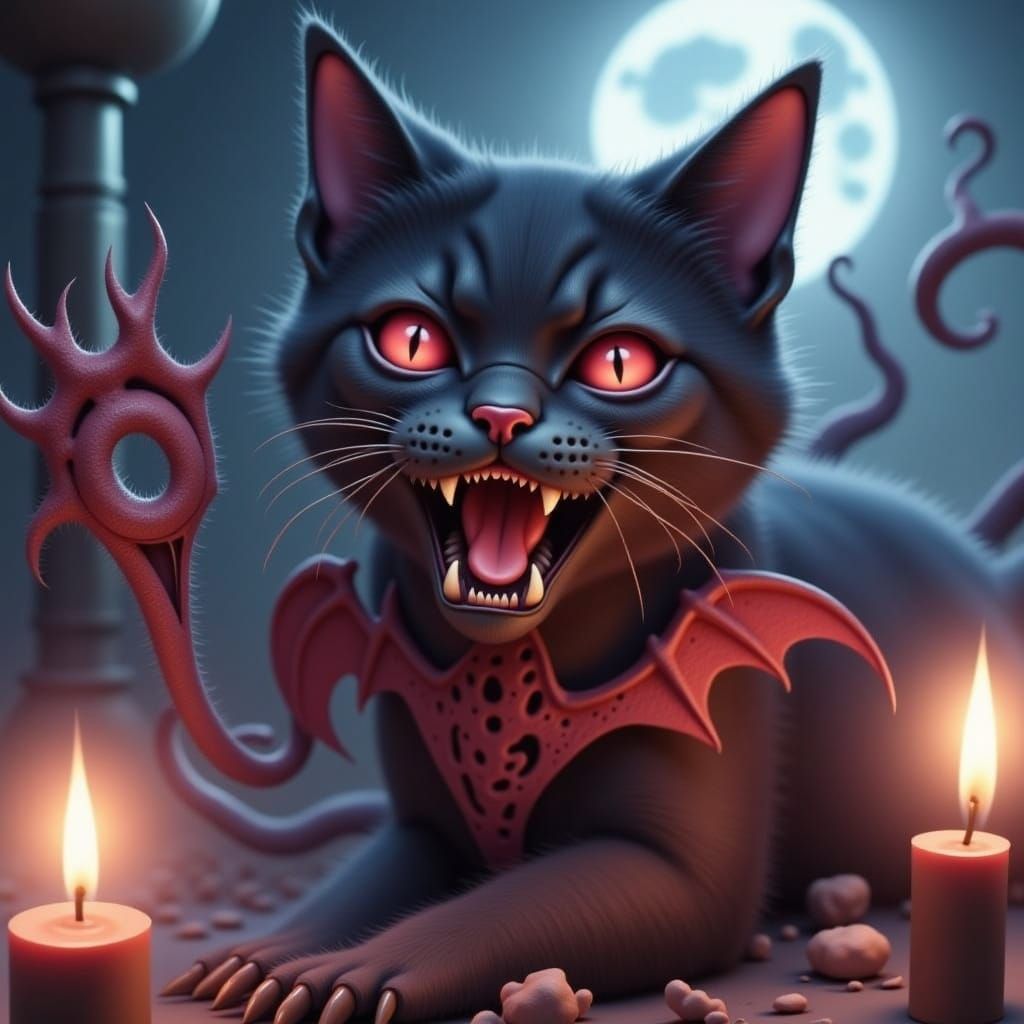 Eerie Black Cat Abomination in Mystical Setting