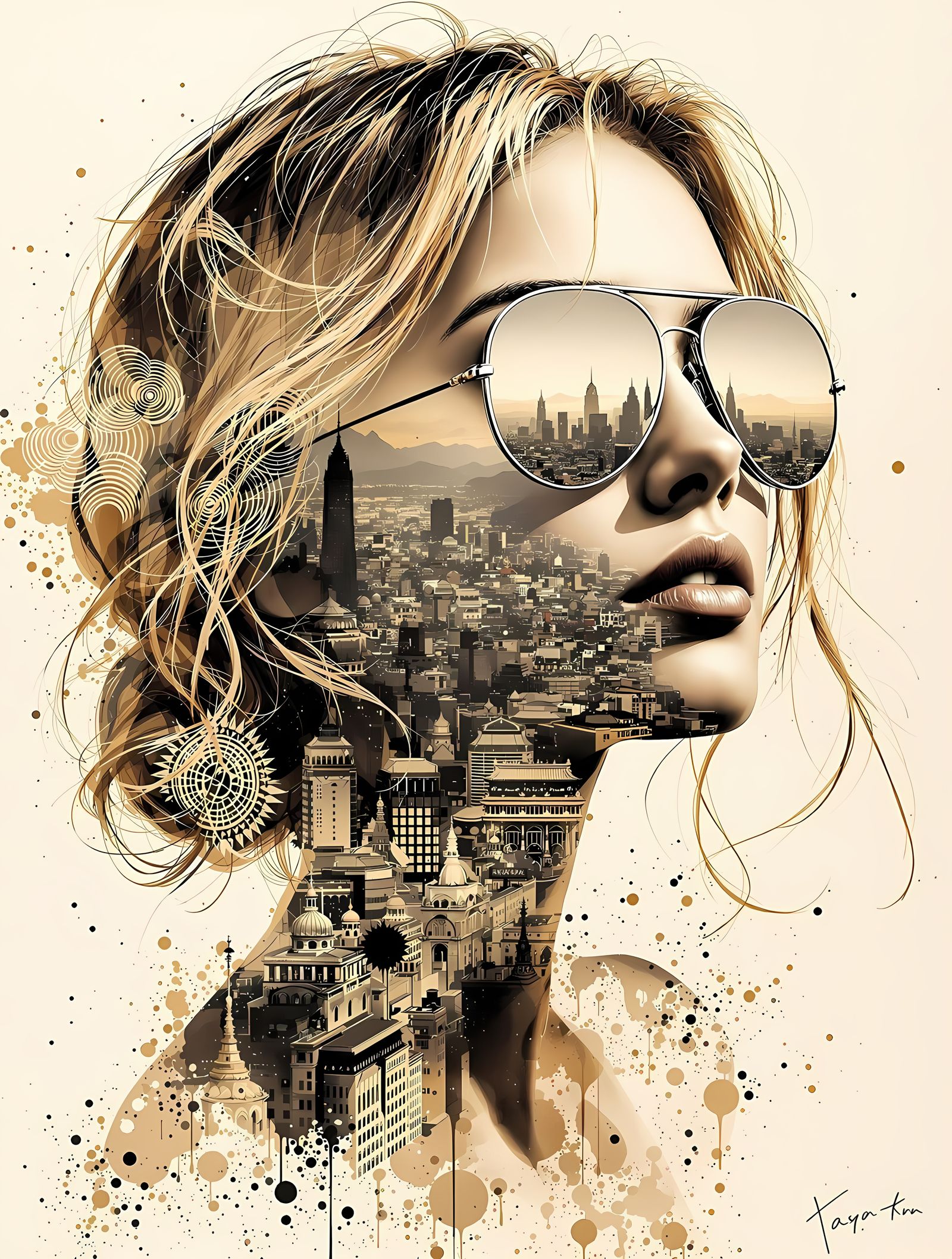 Sepia Cityscape Portrait in Silhouette Art Style