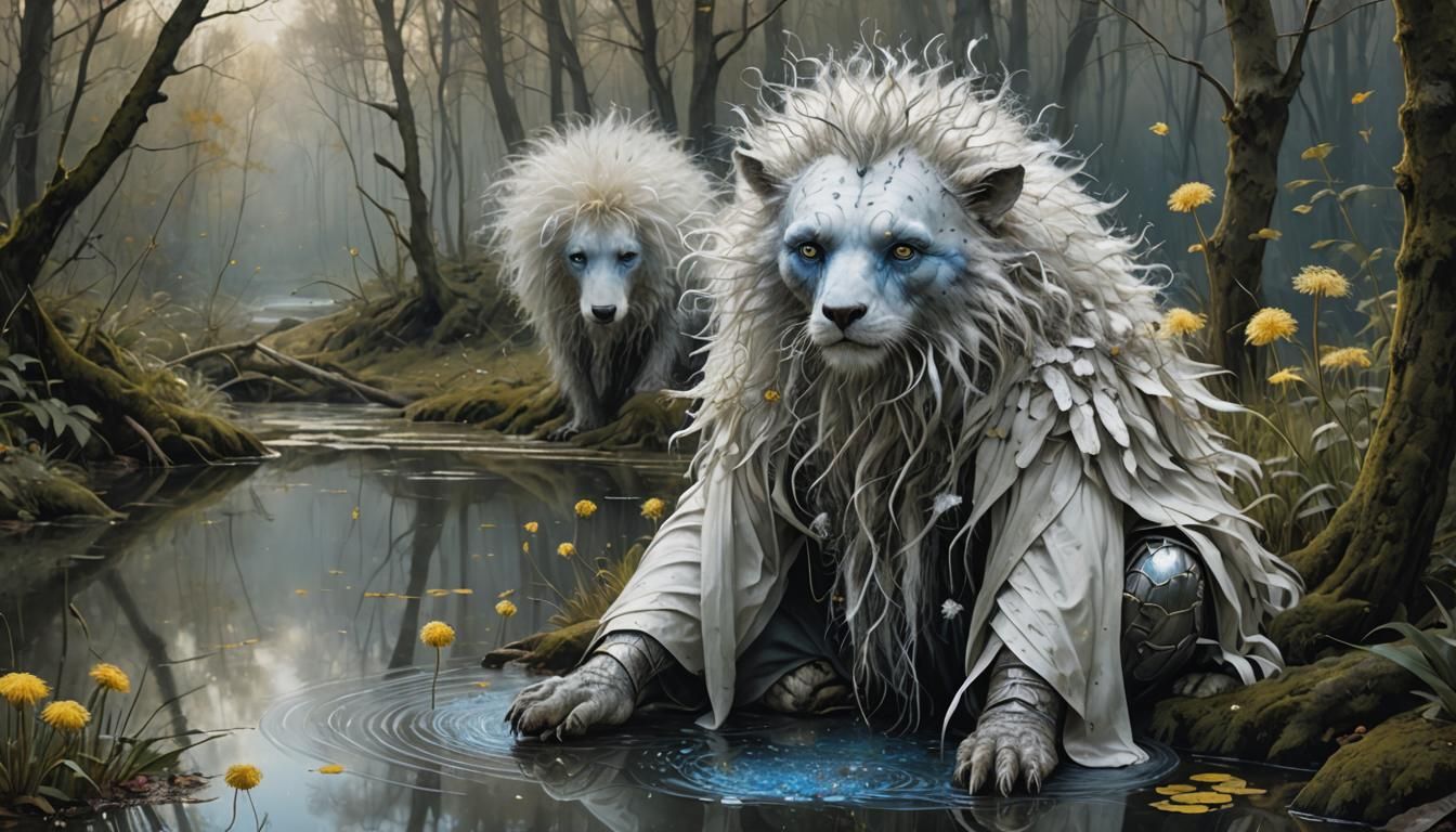 Fantasy Creature with Dandelion Fur in Monge Style