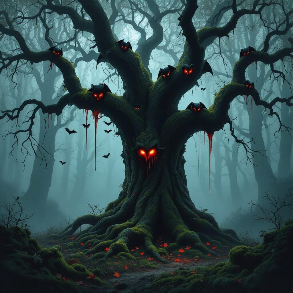Misty Forest Ancient Tree with Glowing-Eyed Bats