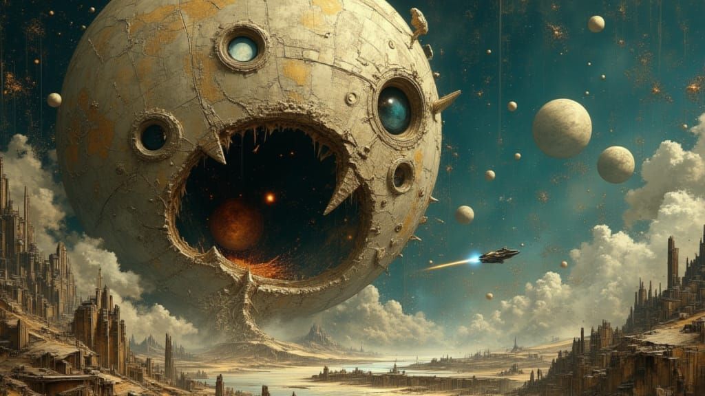 Cosmic Horror Planet Devours Moon, Fights Spaceships