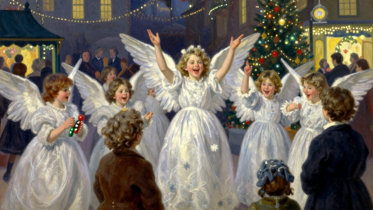 Angelic Children Carolers in Victorian Market Oil Painting