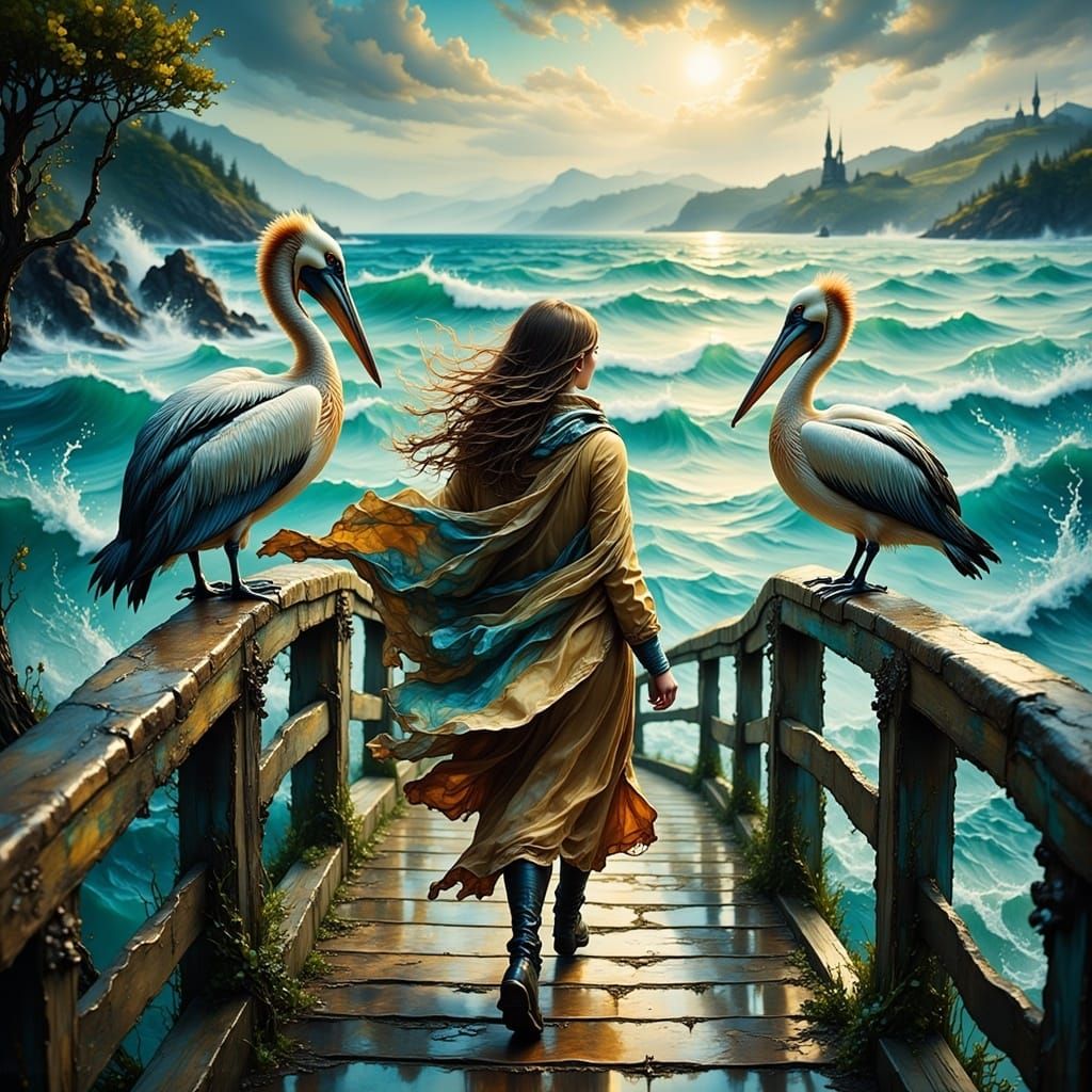 Woman and Pelican at Stormy Sea