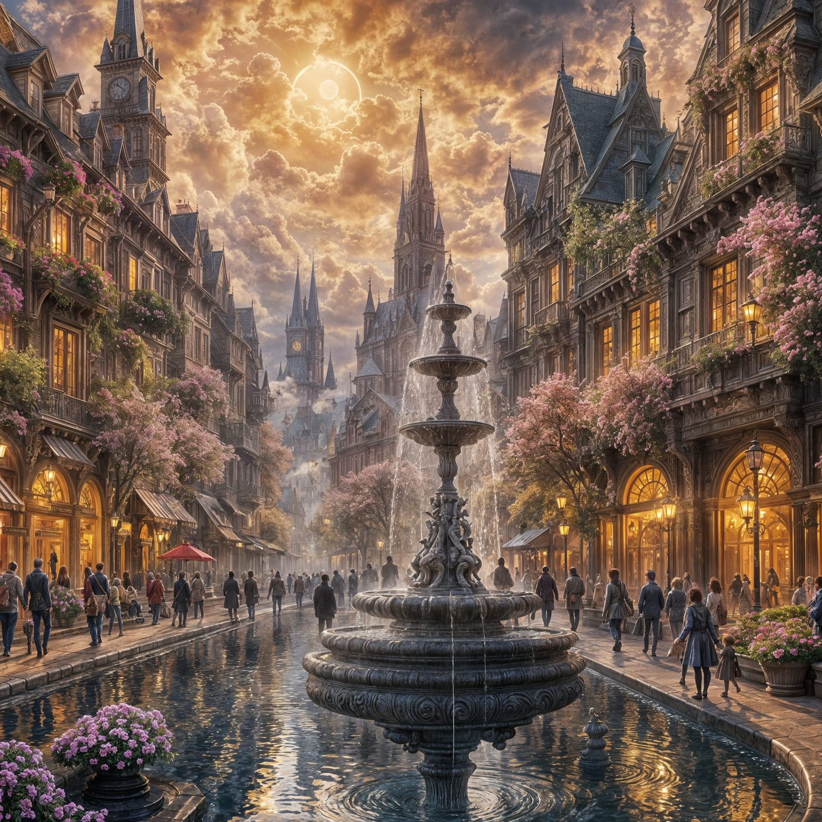 Cherry Blossom with a Water Fountain in Center of the Town Square