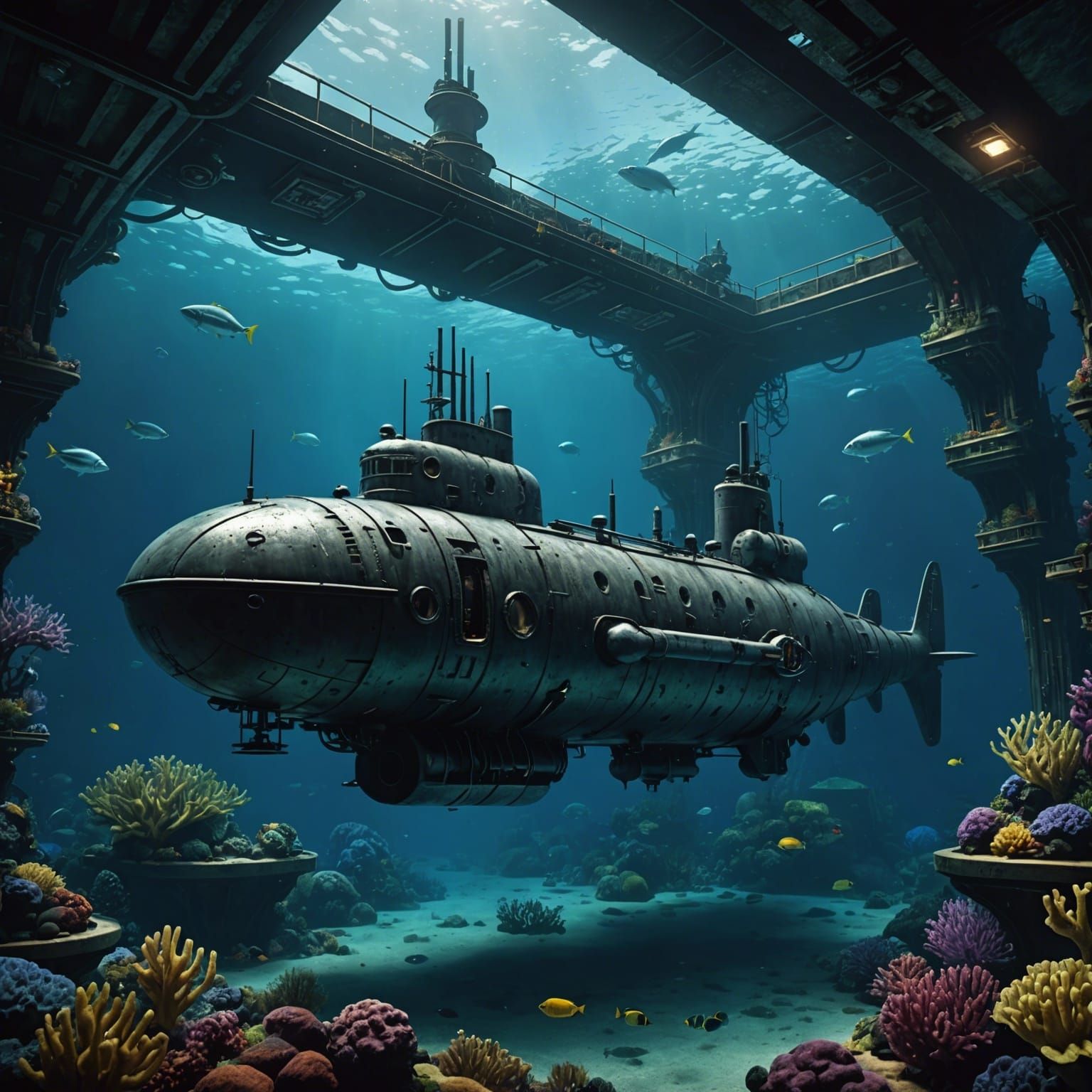 Submarine Research in a Deep-Sea Matte Painting