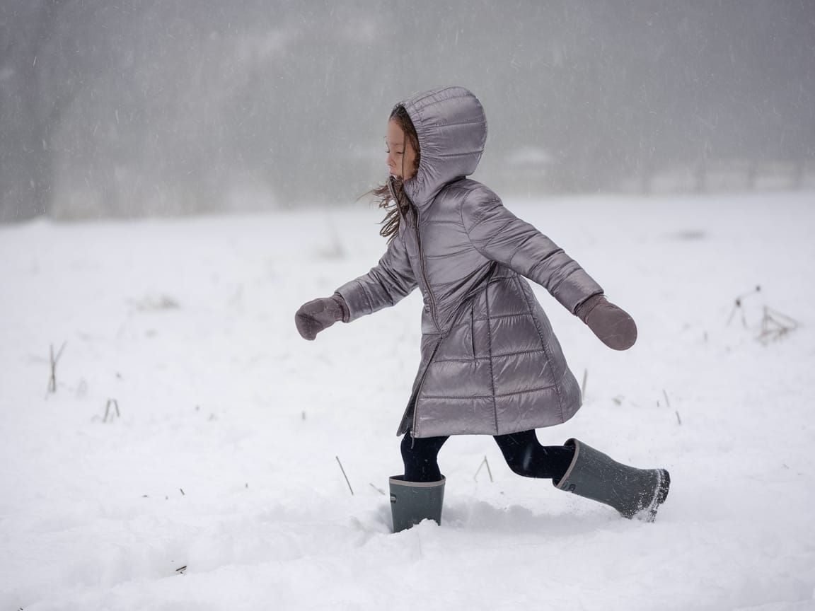 Young Girl Runs in Deep Snowstorm