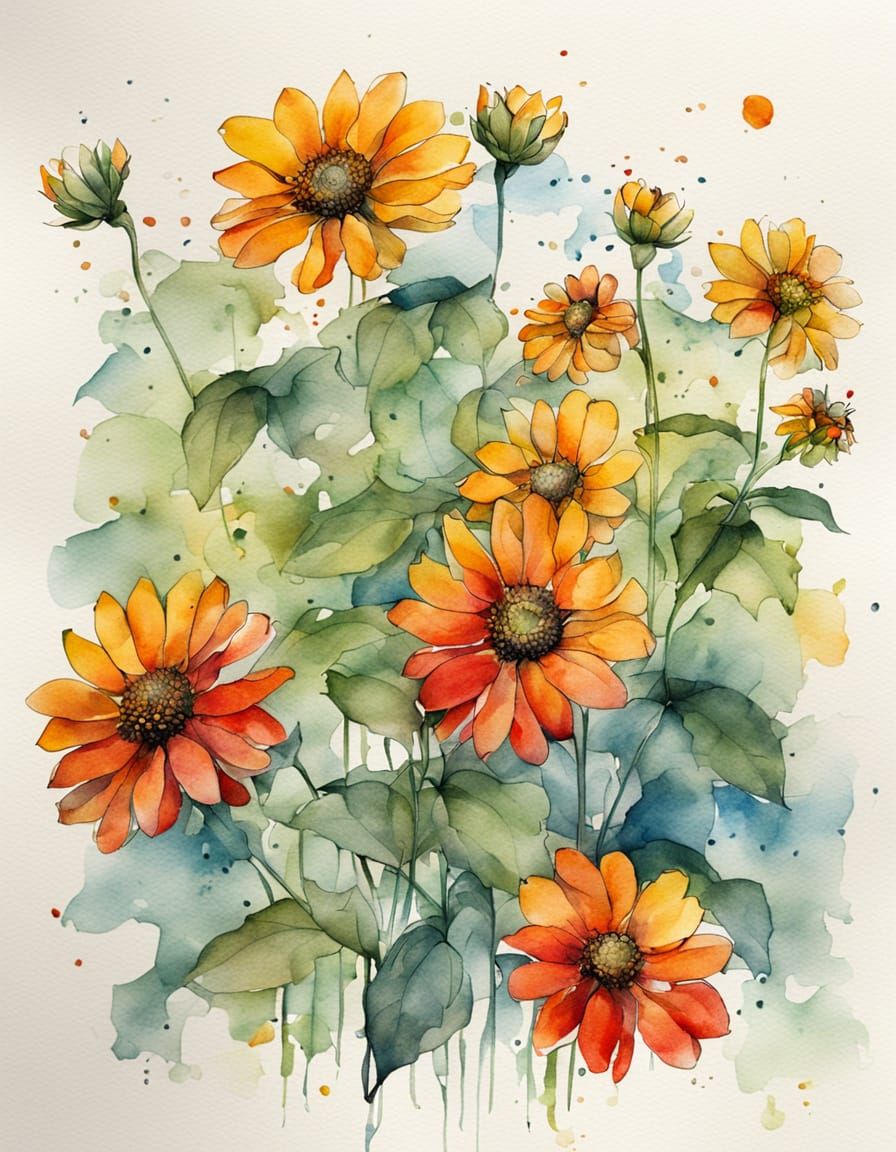 Vibrant Mexican Sunflowers in Modern Ink and Watercolor