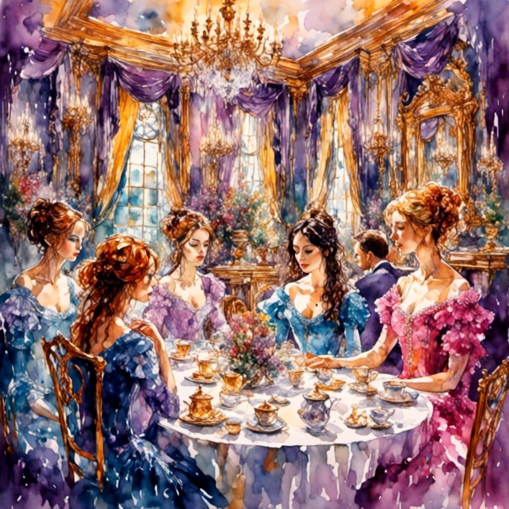 Elegant Tea Party in Lush Watercolor Style