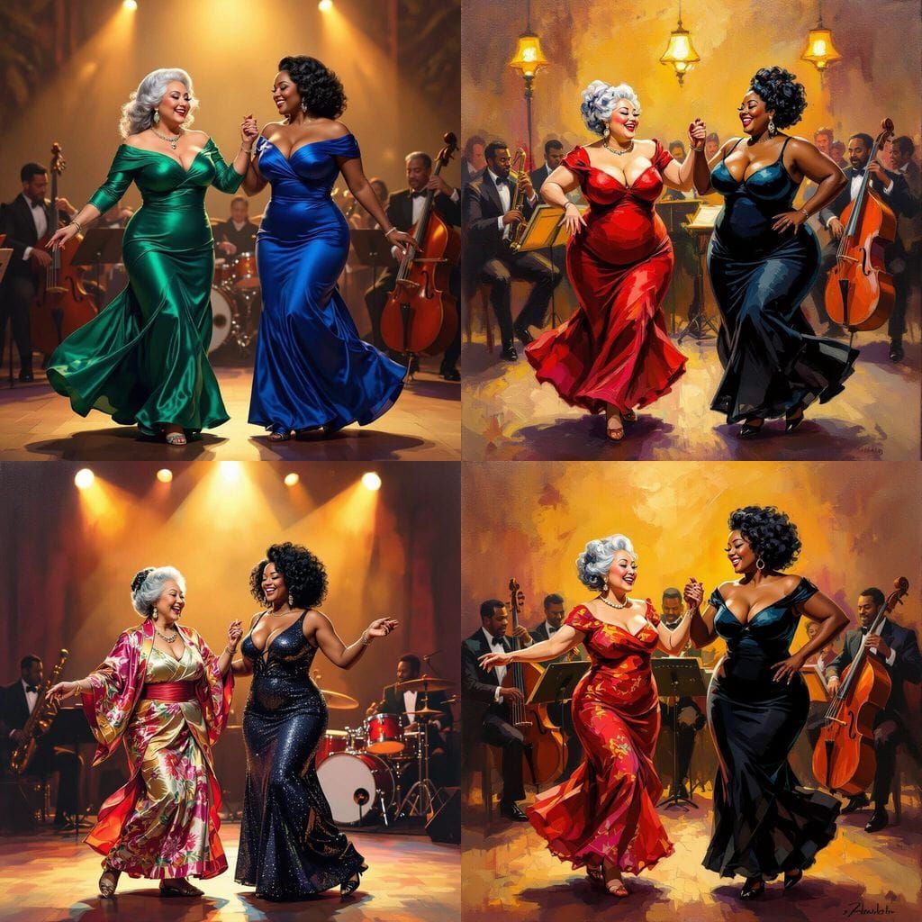 Asian Woman Dances with Black Woman Before Full Band