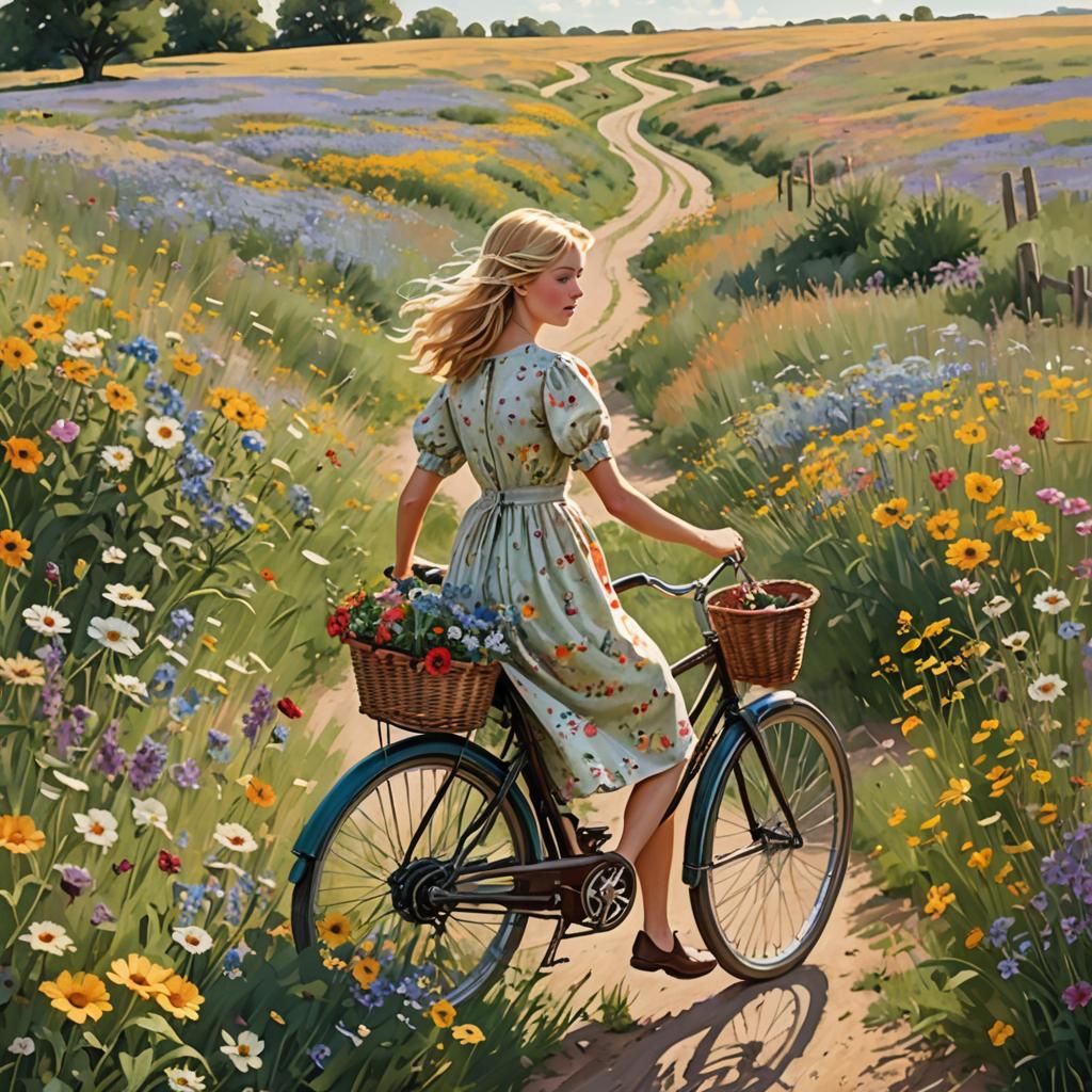 Idyllic Prairie Scene with Girl on Bicycle