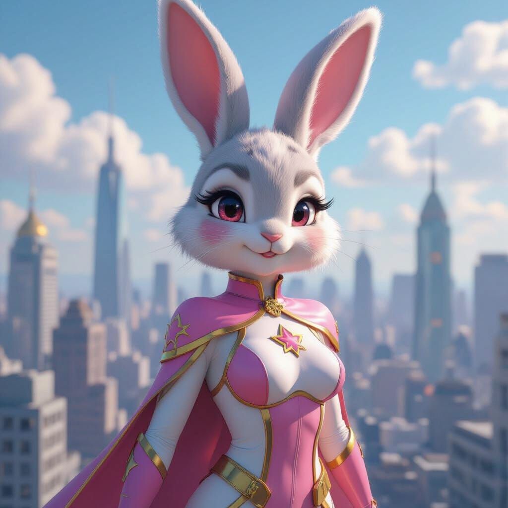 Bunny Superhero in Vivid Cityscape, 3D Anime Style
