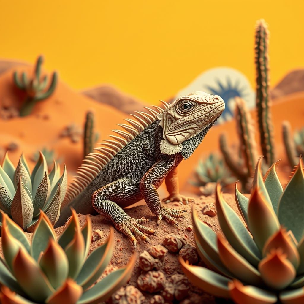 Iguana in Desert Landscape, Hokusai Style Print