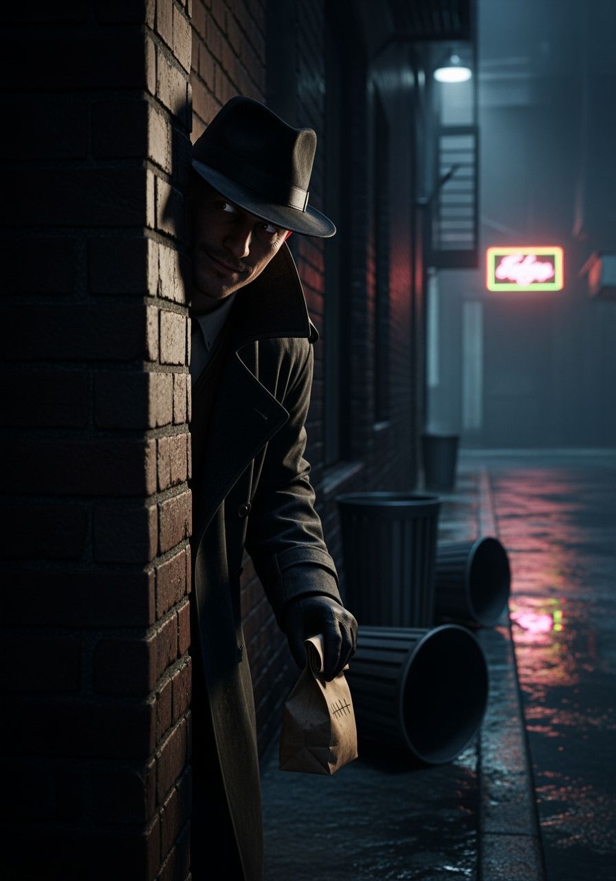 Mysterious Man Peeking in Dark Alleyway