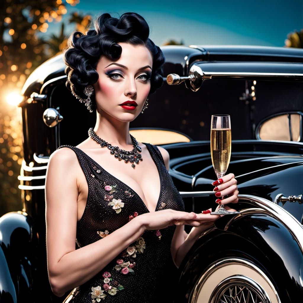 Betty Boop with Champagne, Photorealistic Airbrush Art