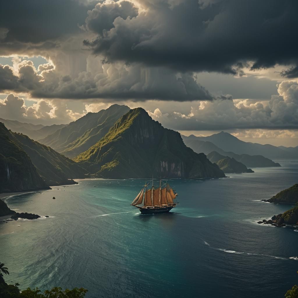 Tropical Mountain and Schooner in Cinematic Style