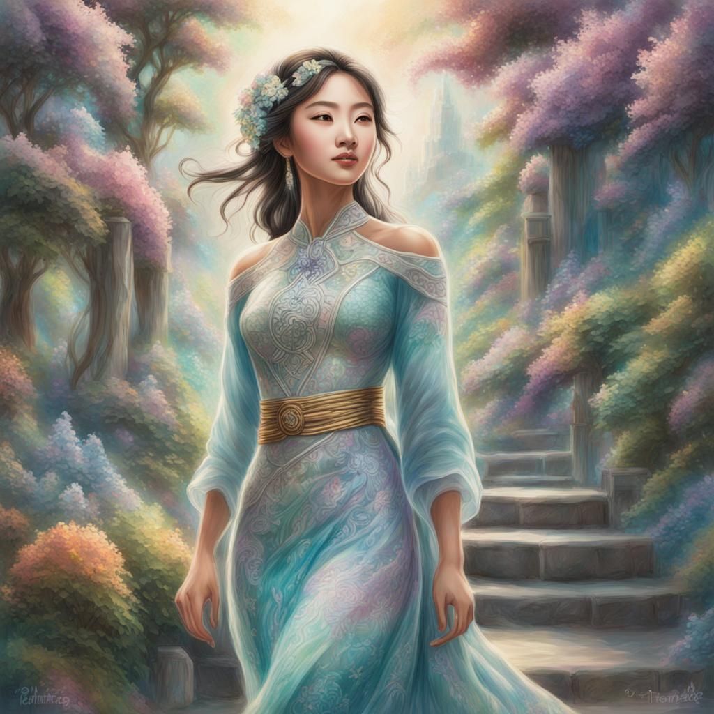 Asian Woman Pencil Sketch in Summer Dress