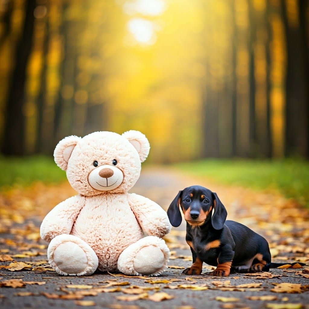Teddy Bear and Dachshund Puppy in Autumn Field