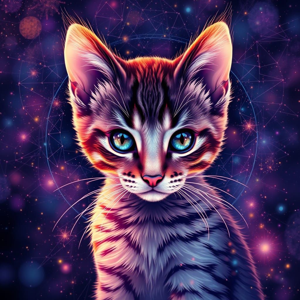 Holographic Cosmic Kitten Illustration in Mixed Media