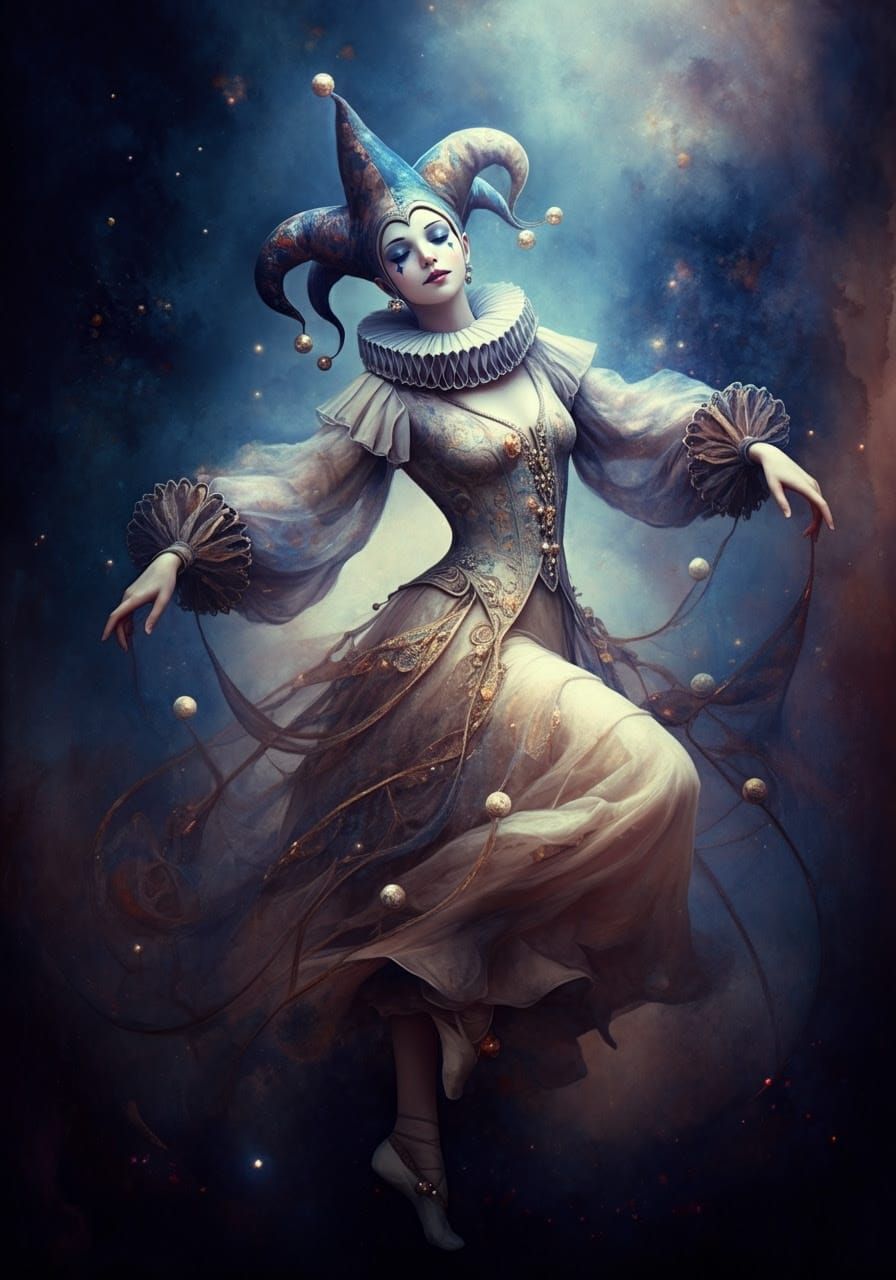 Ethereal Pierrot Clown in Art Deco Gown