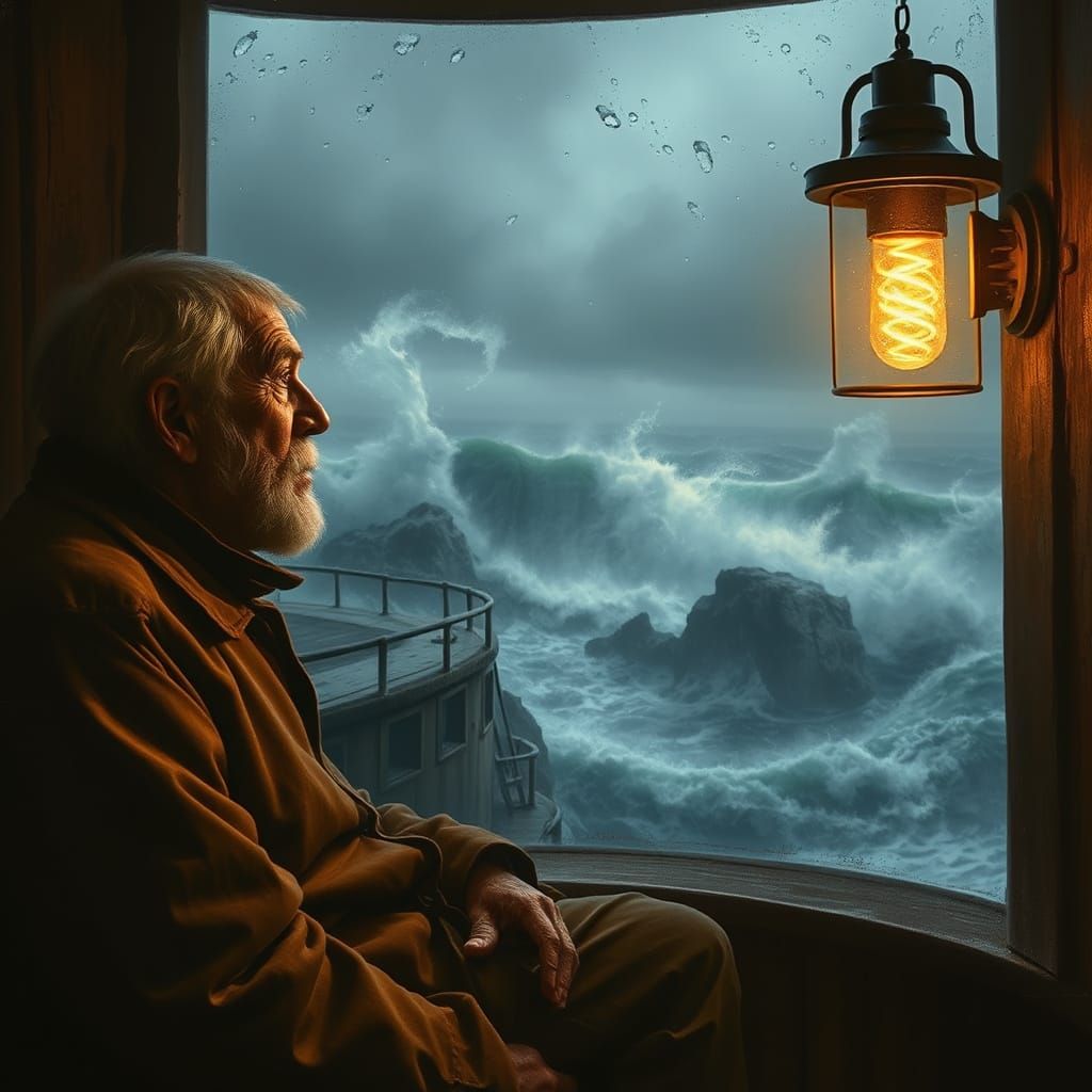 Solemn Lighthouse Keeper in a Stormy Landscape, in a Romanti...