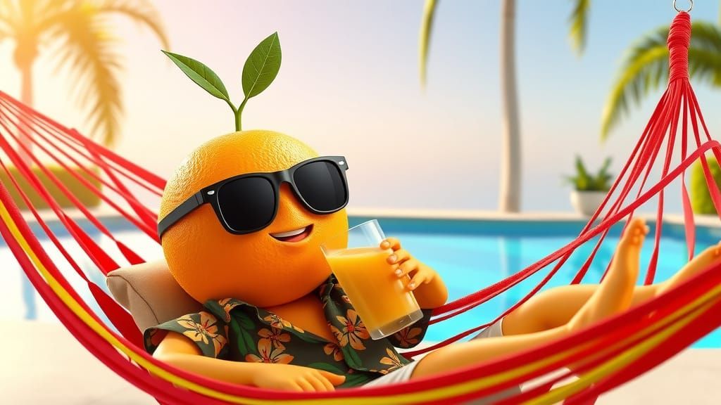 Orange Fruit Character Lounging in Hammock: 3D Art