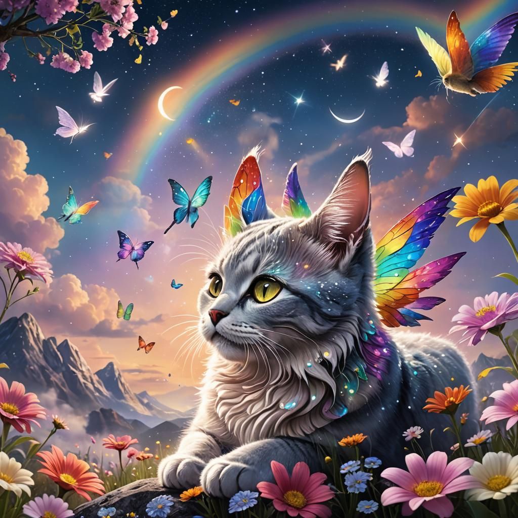 Rainbow-Winged Cat Flying into Starry Night Sky