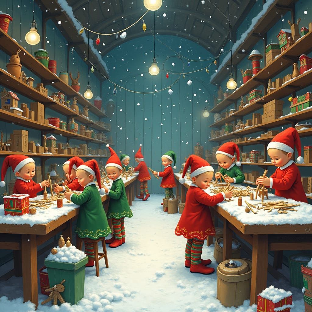Santa's Workshop: Elves Crafting Toys in Abstract Style