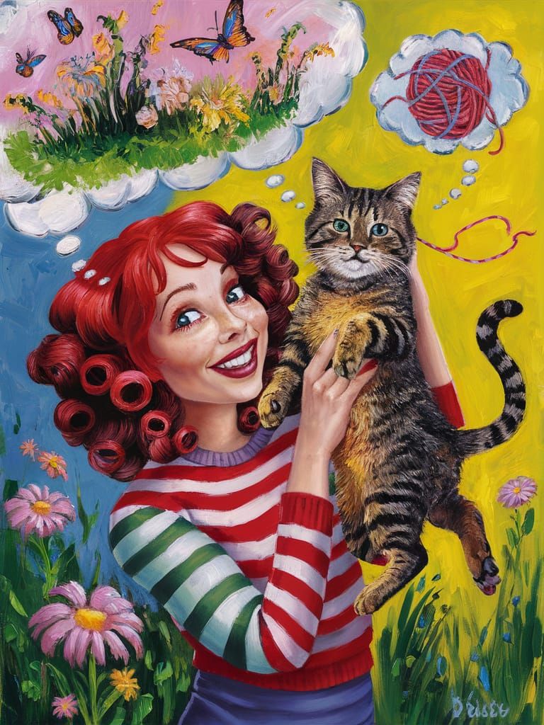 Vibrant Painting of Redhead with Cat