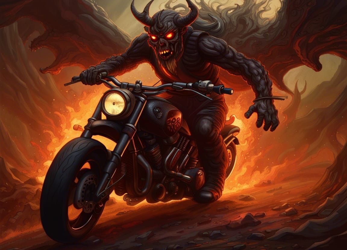 Demonic Biker Chasing Soul Through Hellscape