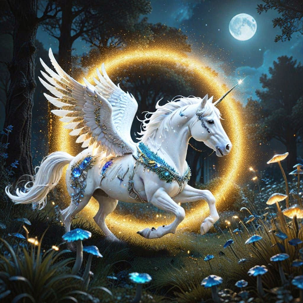 Mystical Pegasus Flying to Moon in Enchanted Forest