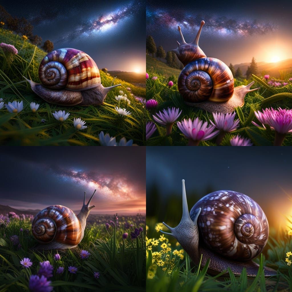 Starry Snail in Flower Field: Fantasy Art