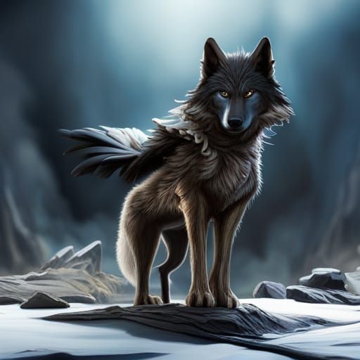 Feather-Winged Black Wolf Fantasy Art