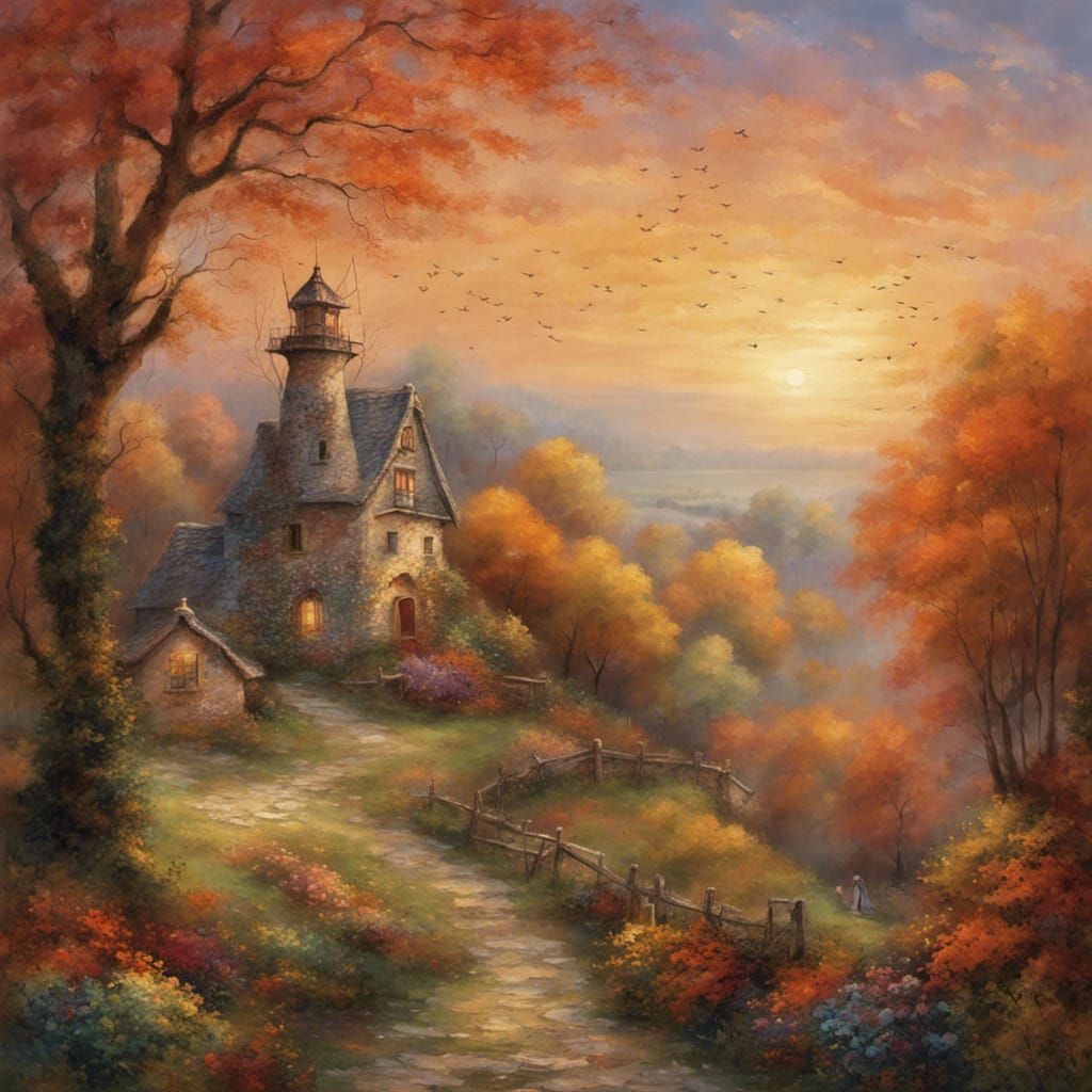 Autumn Windmill Landscape in Ethereal Style