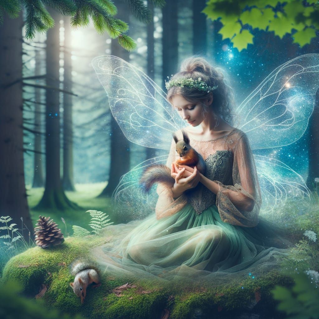 Moonlit Fairy Connects with Gentle Squirrel in Verdant Fores...