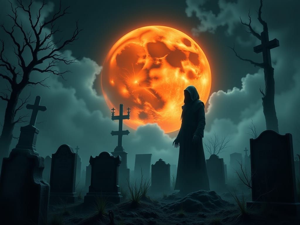 Grim Reaper in Dark Graveyard Under Orange Full Moon