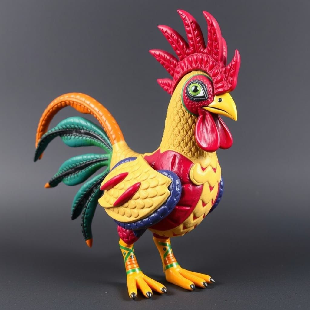 Alebrije Style Dragon-Headed Rooster Sculpture