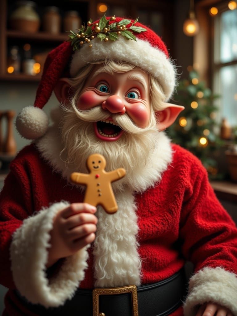 Handsome Santa Claus Eats Gingerbread Man in Warm Kitchen