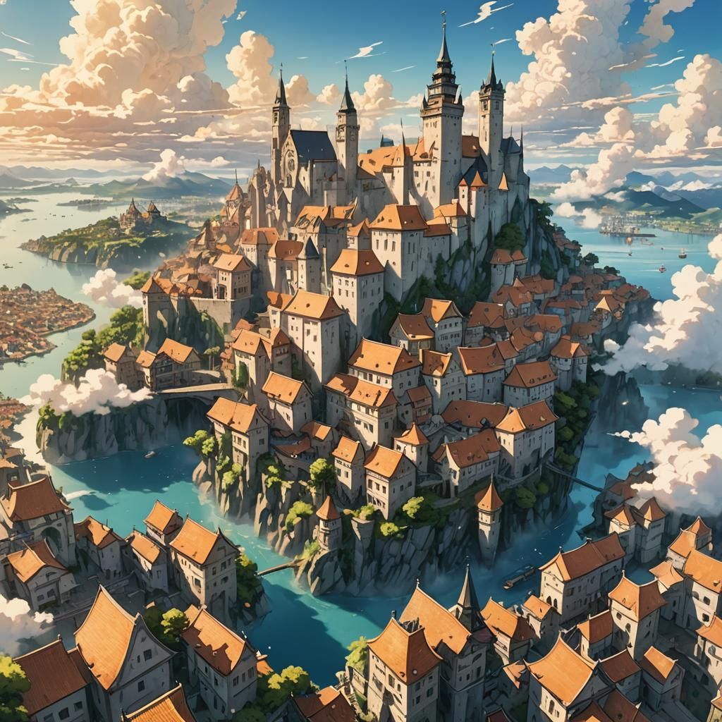 Floating Medieval City in Manga Art Style