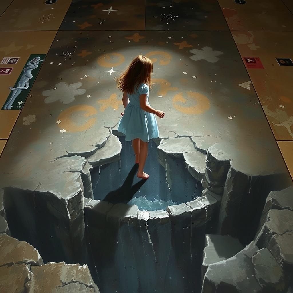 Trompe-l'œil Chalk Girl Over Abyss: Vibrant Art