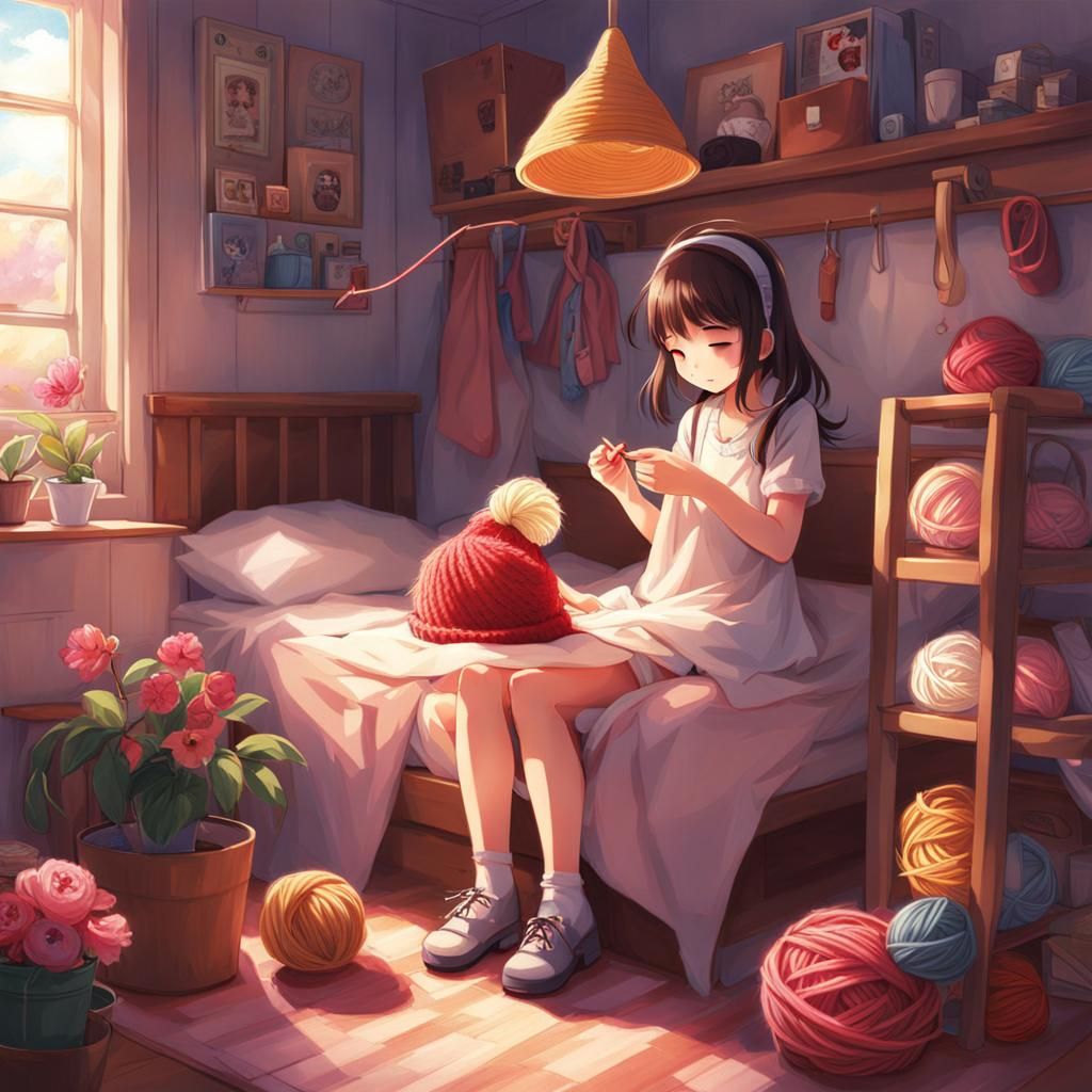 Girl Knitting Hat in Bedroom: Anime Style