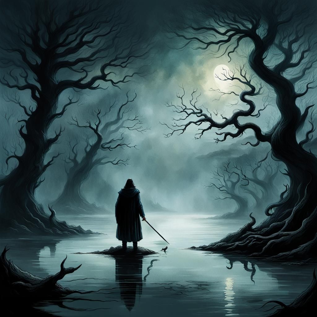 Lone Figure Amidst Twisted Trees in a Misty Loch